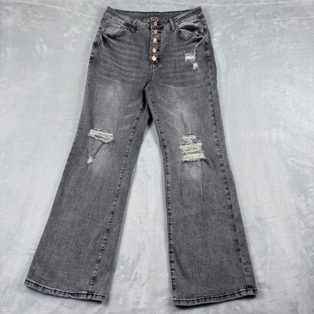 Womens Gray Distressed Wide Leg High Rise Button Fly Bootcut Jeans‎ Size L